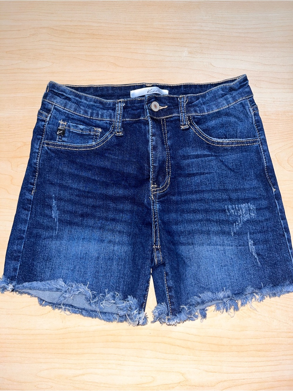 KanCan Dark Blue Frayed Hem Denim Shorts